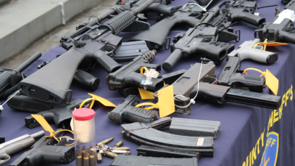 Stock image of guns on a table