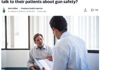 Screenshot of Yahoo Life Article "Gun violence is a public health crisis, the U.S. surgeon general warns. Why don't more doctors talk to their patients about gun safety?"